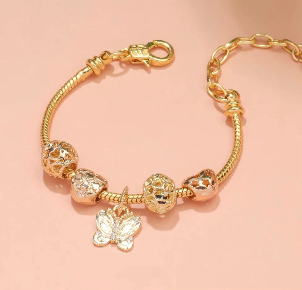 High Quality Gold Plated Butterfly Pendant Adjustable | Large Hole Beads Heart Charm DIY Bracelet