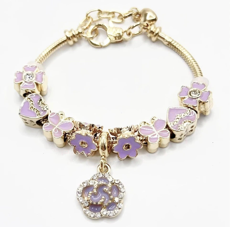 High Quality Gold Plated Camellia Flower Pendant Bracelet | Adjustable Large Hole Beads Purple Heart
