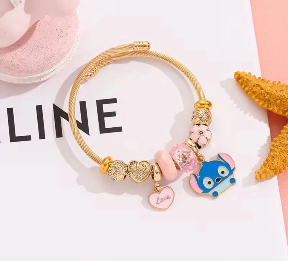 High Quality Gold Plated Stainless Steel Oil Drip Cartoon Charm Bracelet | Adjustable Love Heart Pendant Bangle