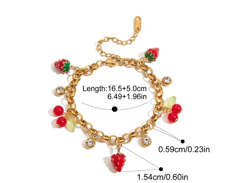 High Quality Gold Stainless Steel Strawberry Cherry Fruit Charm Chain Bracelet | Waterproof Hypoallergenic