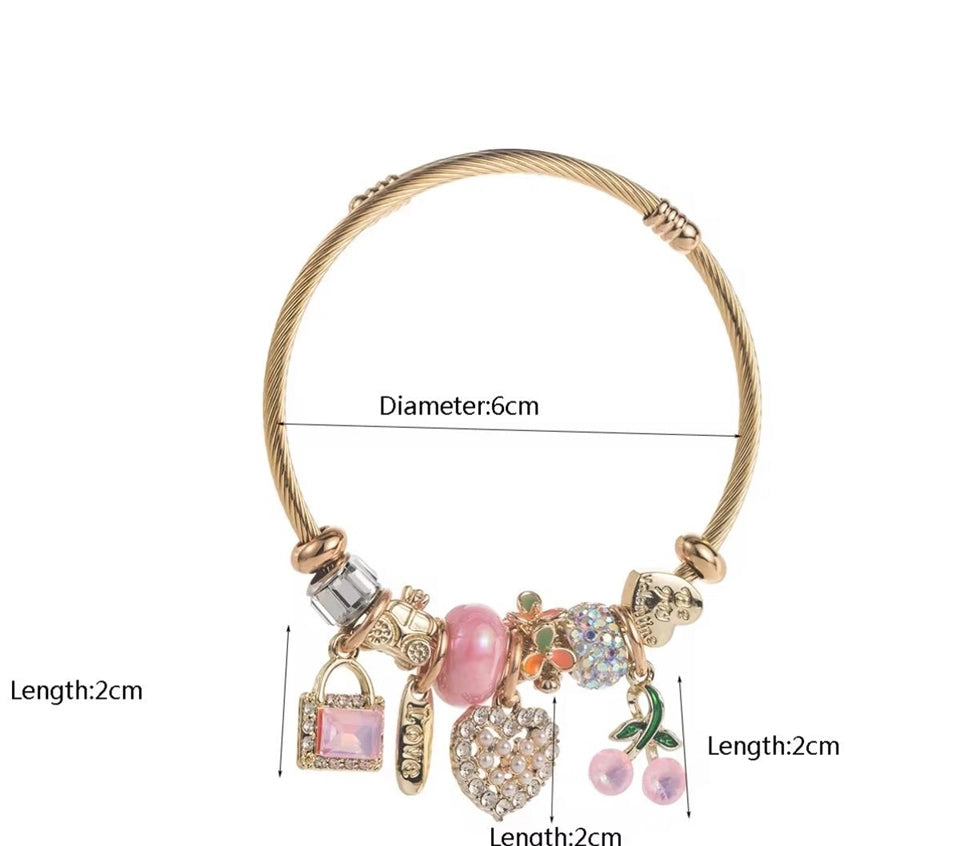 High Quality Gold Plated Stainless Steel CZ Bag Charm Bracelet | Colorful Heart Pendant Bangle Bracelet