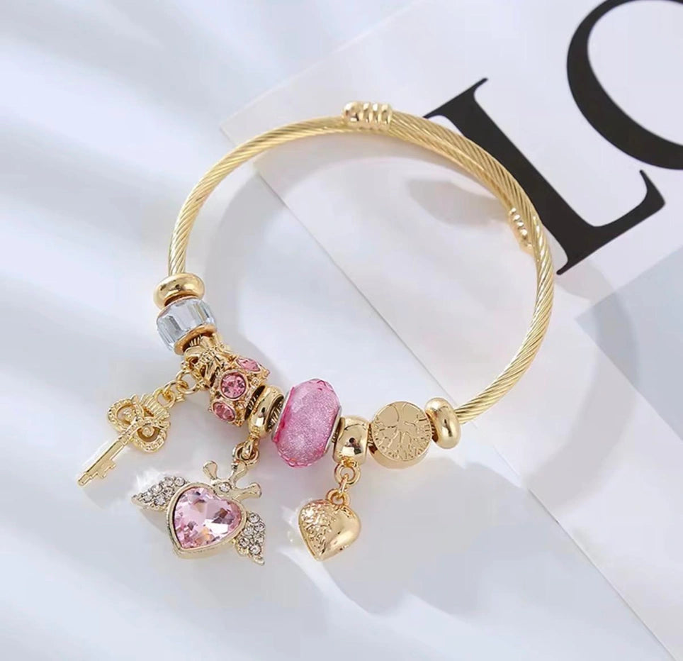 High Quality Lock and Key Charm Bracelet Gold Stainless Steel | Crystal Heart Pendant Bracelet