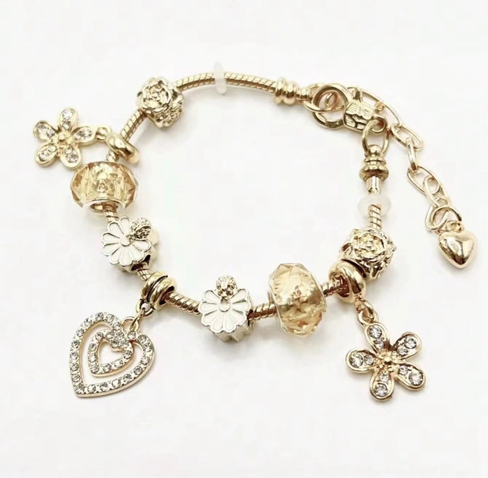 High Quality Gold Plated Camellia Flower Pendant Bracelet | Adjustable Large Hole Beads Purple Heart