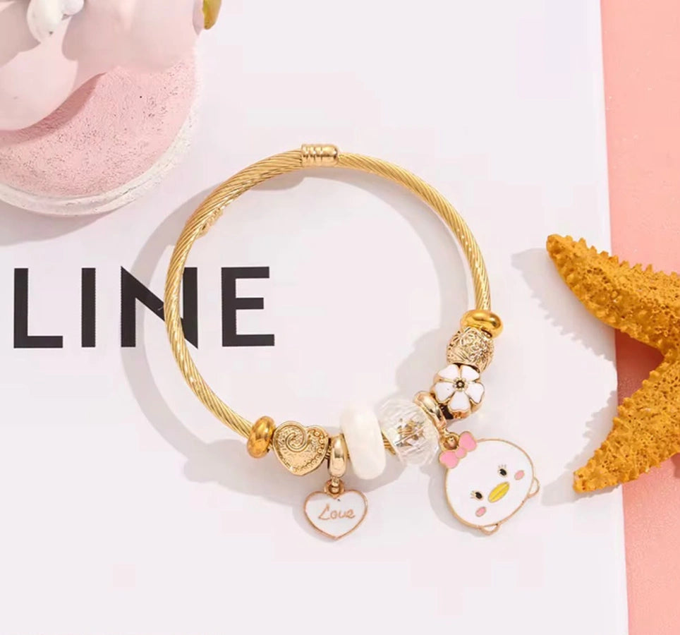 High Quality Gold Plated Stainless Steel Oil Drip Cartoon Charm Bracelet | Adjustable Love Heart Pendant Bangle