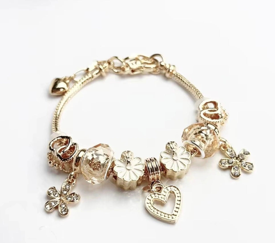 High Quality Gold Plated Lotus Flower Charm Bracelet | Large Hole Beads Pink Flower Pendant Adjustable