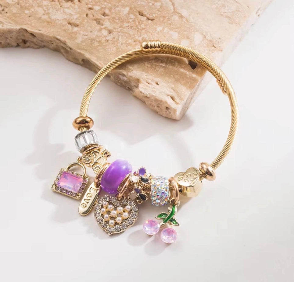 High Quality Gold Plated Stainless Steel CZ Bag Charm Bracelet | Colorful Heart Pendant Bangle Bracelet