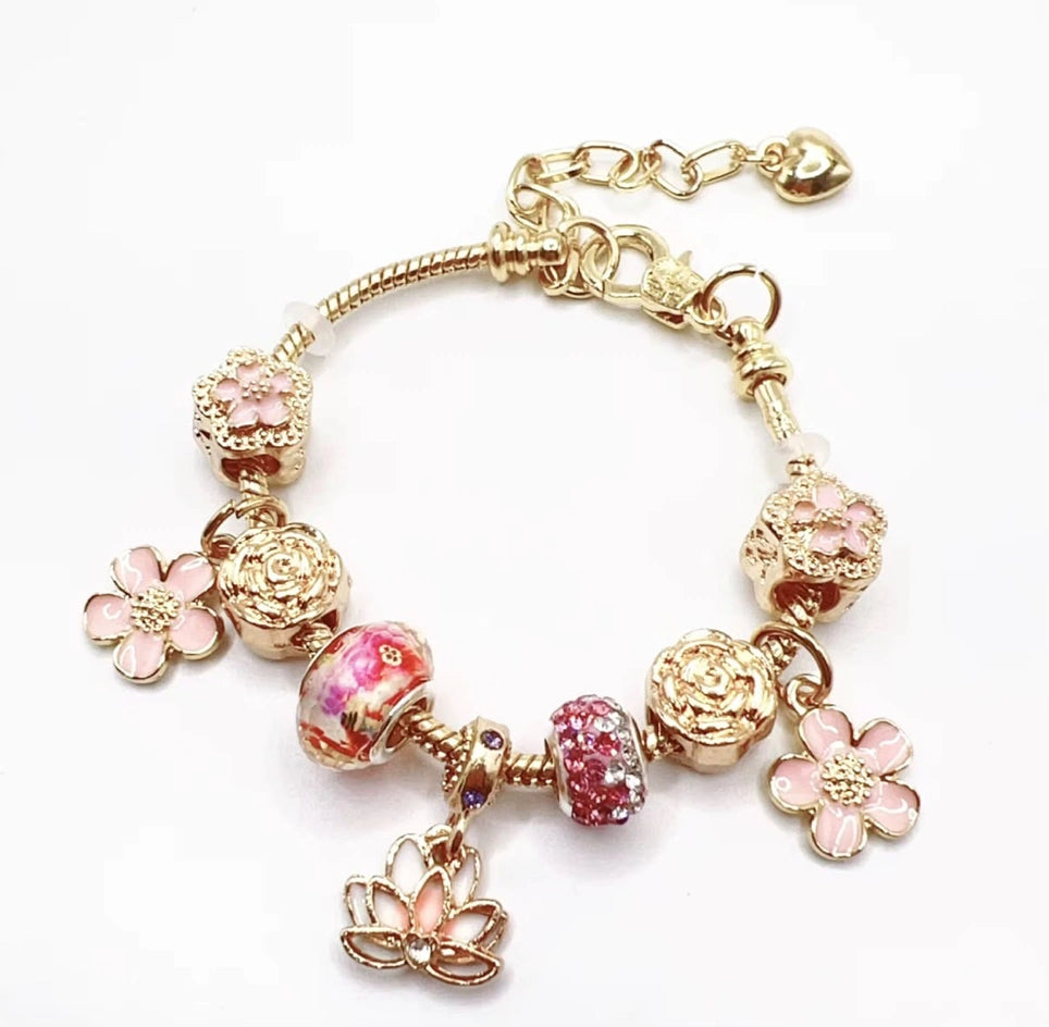 High Quality Gold Plated Camellia Flower Pendant Bracelet | Adjustable Large Hole Beads Purple Heart