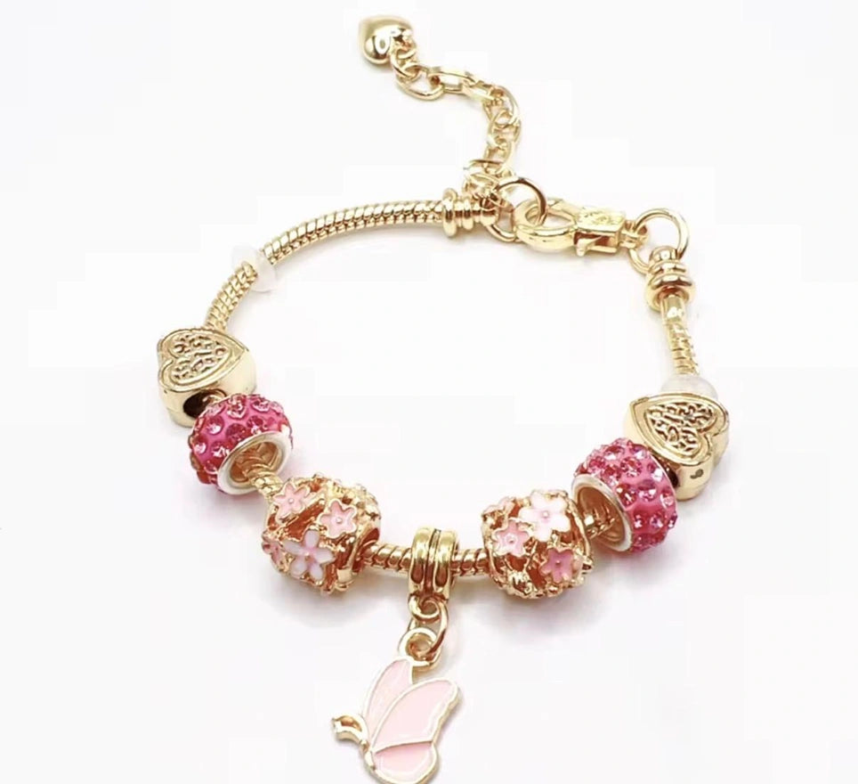 High Quality Gold Plated Lotus Flower Charm Bracelet | Large Hole Beads Pink Flower Pendant Adjustable