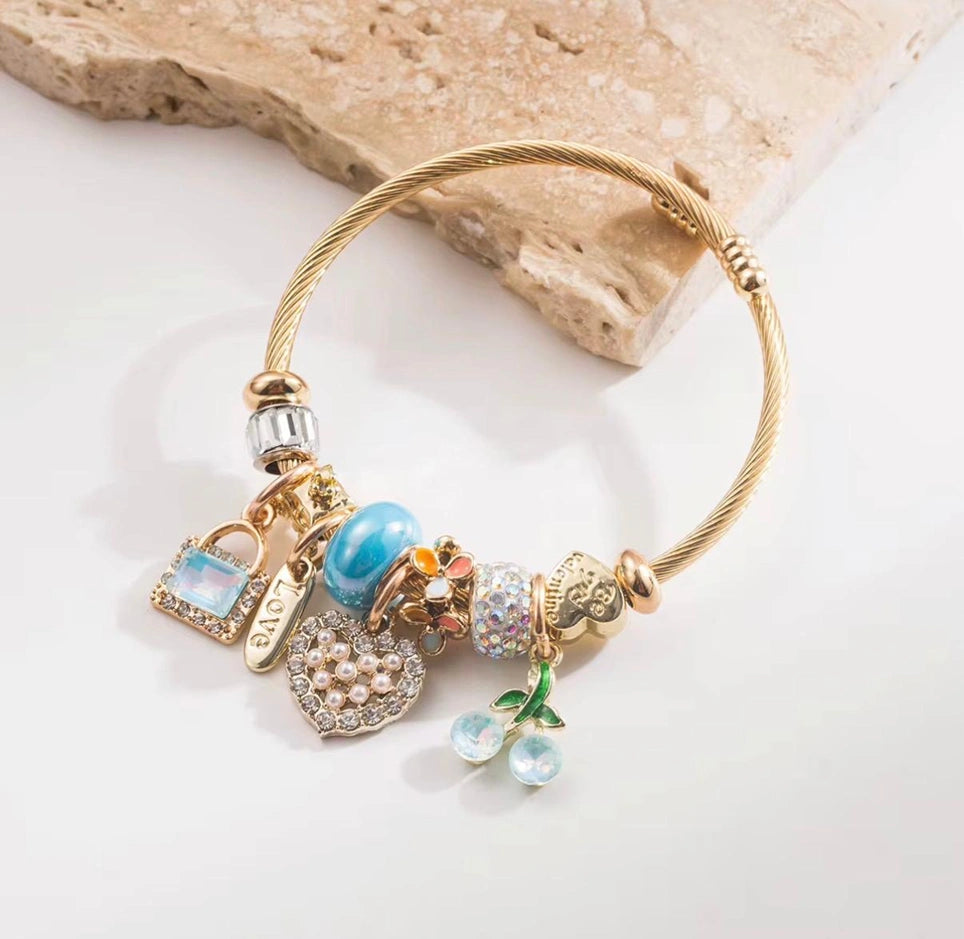 High Quality Gold Plated Stainless Steel CZ Bag Charm Bracelet | Colorful Heart Pendant Bangle Bracelet