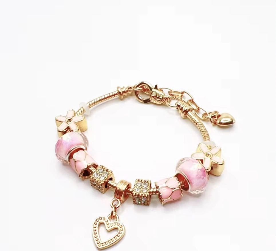 High Quality Gold Plated Camellia Flower Pendant Bracelet | Adjustable Large Hole Beads Purple Heart