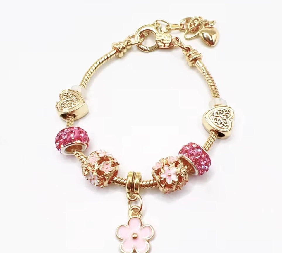 High Quality Gold Plated Lotus Flower Charm Bracelet | Large Hole Beads Pink Flower Pendant Adjustable
