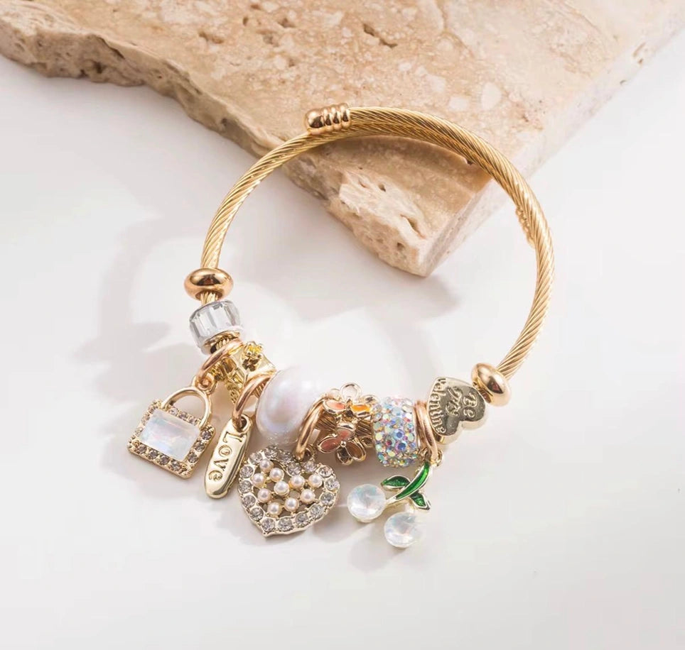 High Quality Gold Plated Stainless Steel CZ Bag Charm Bracelet | Colorful Heart Pendant Bangle Bracelet