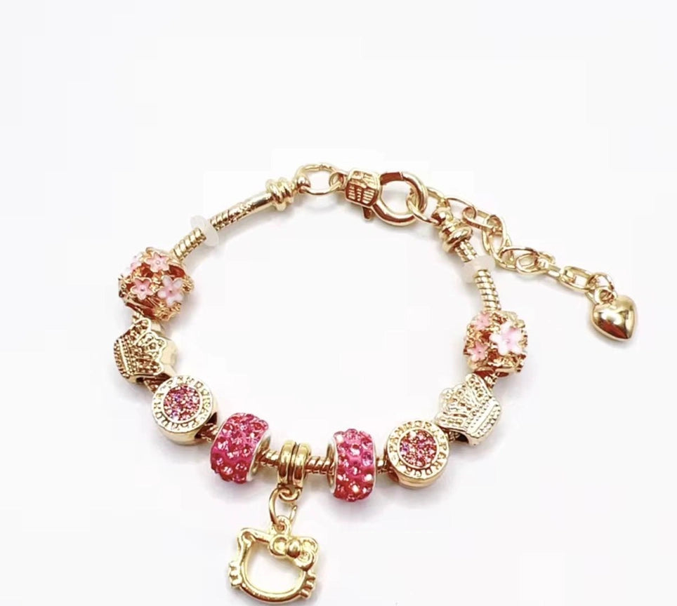 High Quality Gold Plated Camellia Flower Pendant Bracelet | Adjustable Large Hole Beads Purple Heart