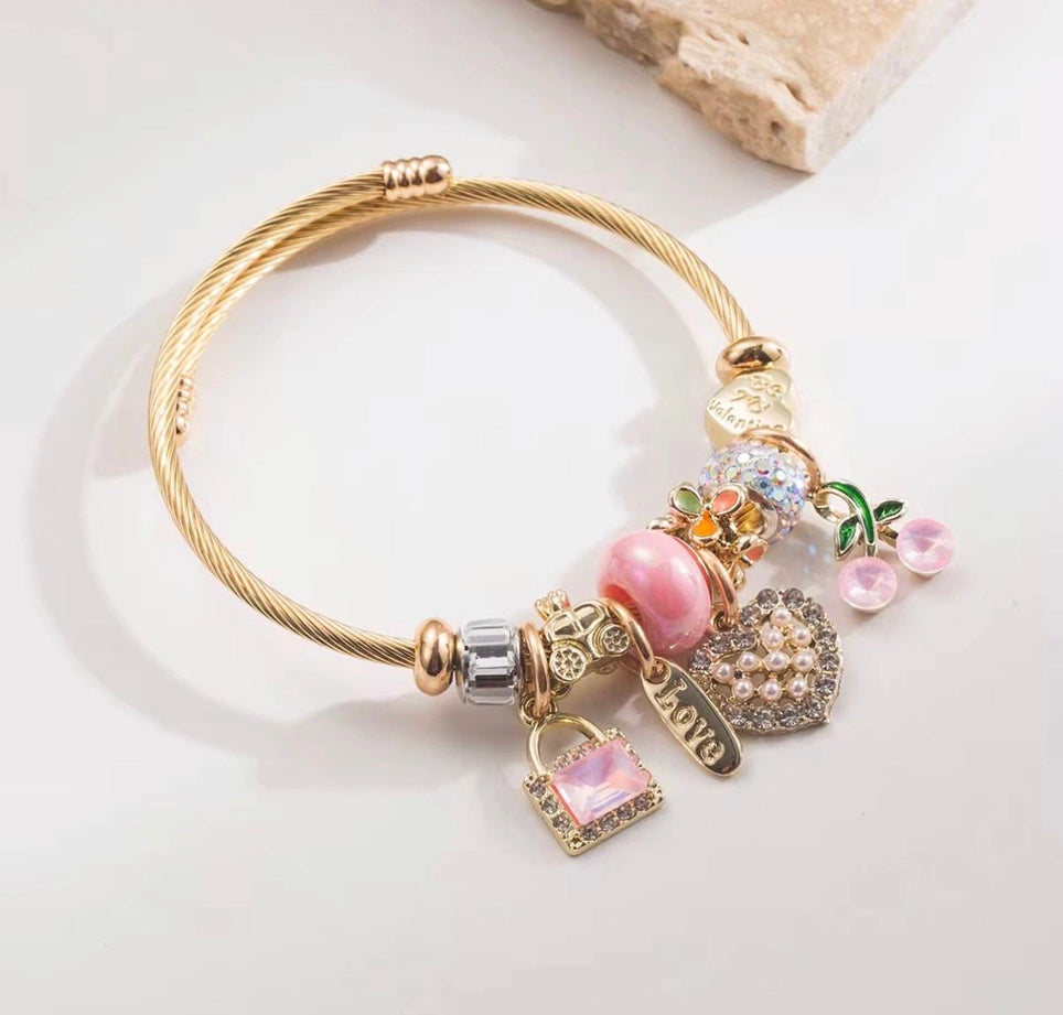 High Quality Gold Plated Stainless Steel CZ Bag Charm Bracelet | Colorful Heart Pendant Bangle Bracelet