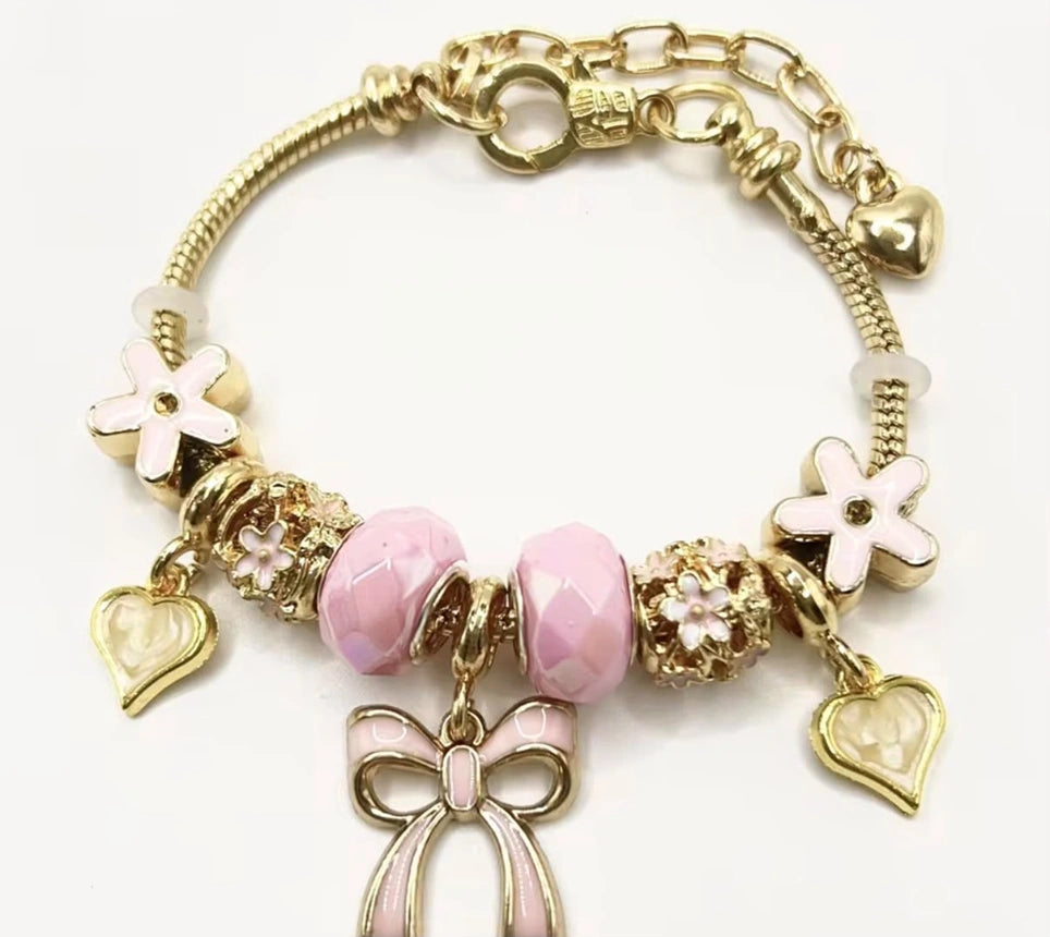 High Quality Gold Plated Camellia Flower Pendant Bracelet | Adjustable Large Hole Beads Purple Heart