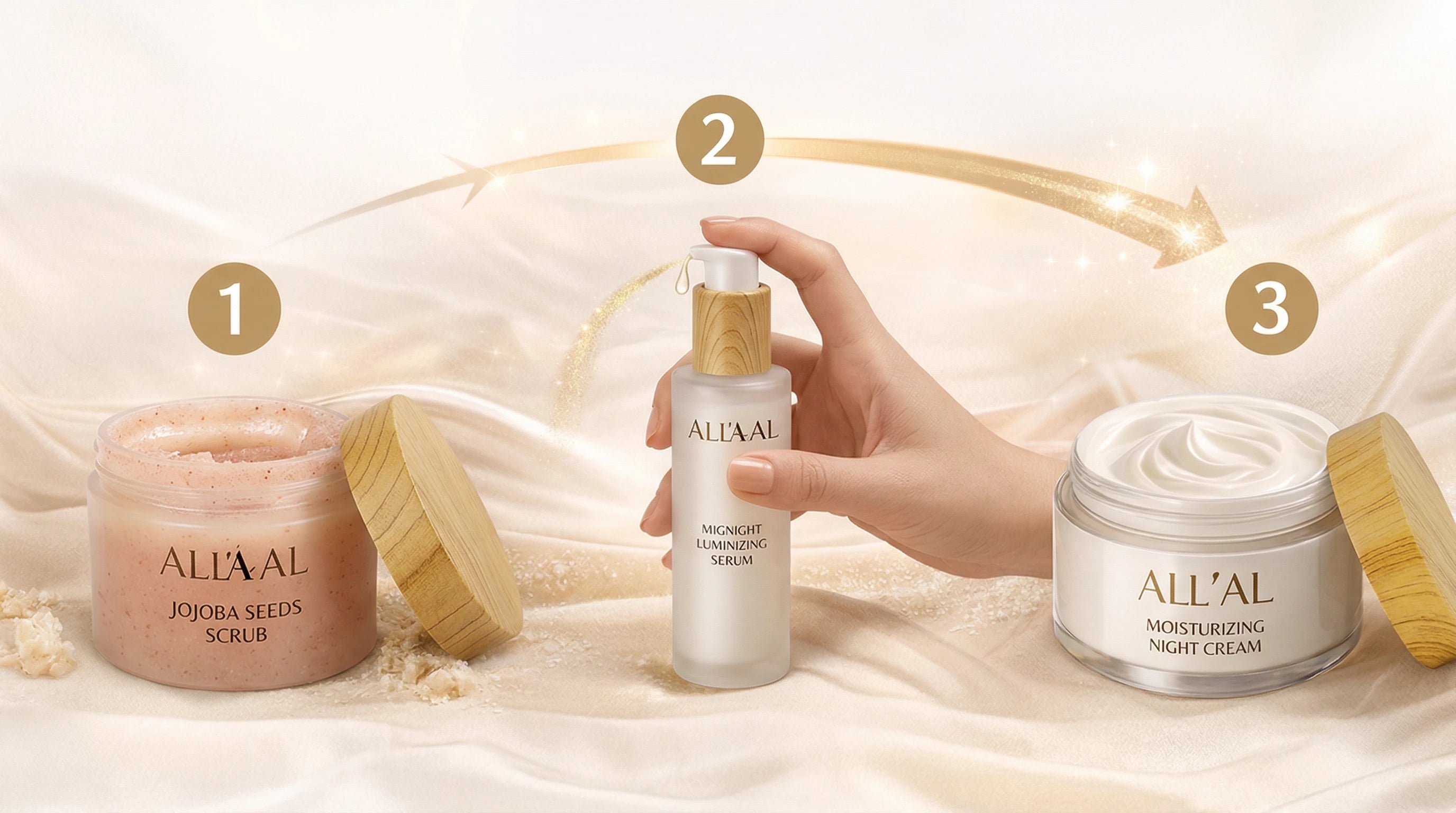 All'Al skincare products with a hand holding a bottle on a soft background