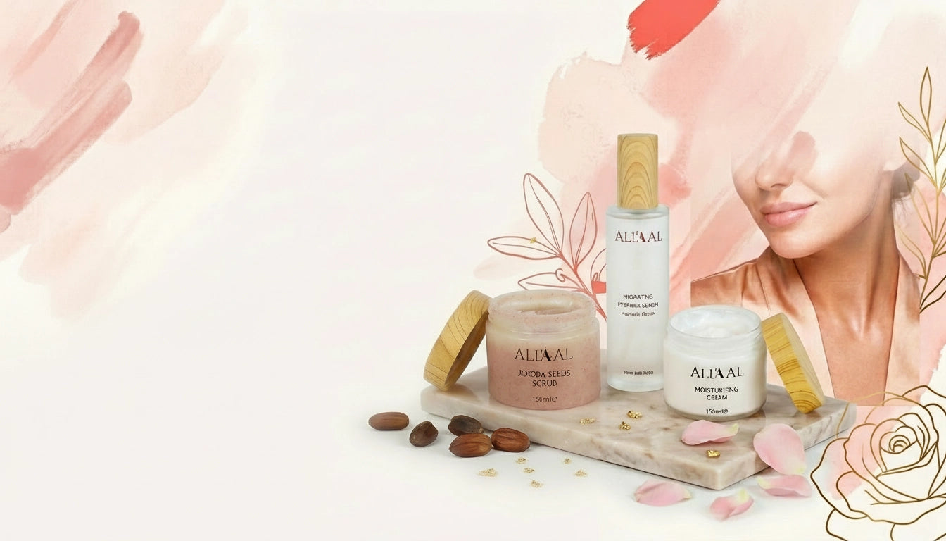 Alva skincare products with a decorative background featuring flowers and a woman's face.
