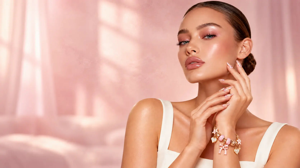 A woman in a white top poses against a soft pink background, wearing a delicate pink and gold charm bracelet with hearts and bows.
