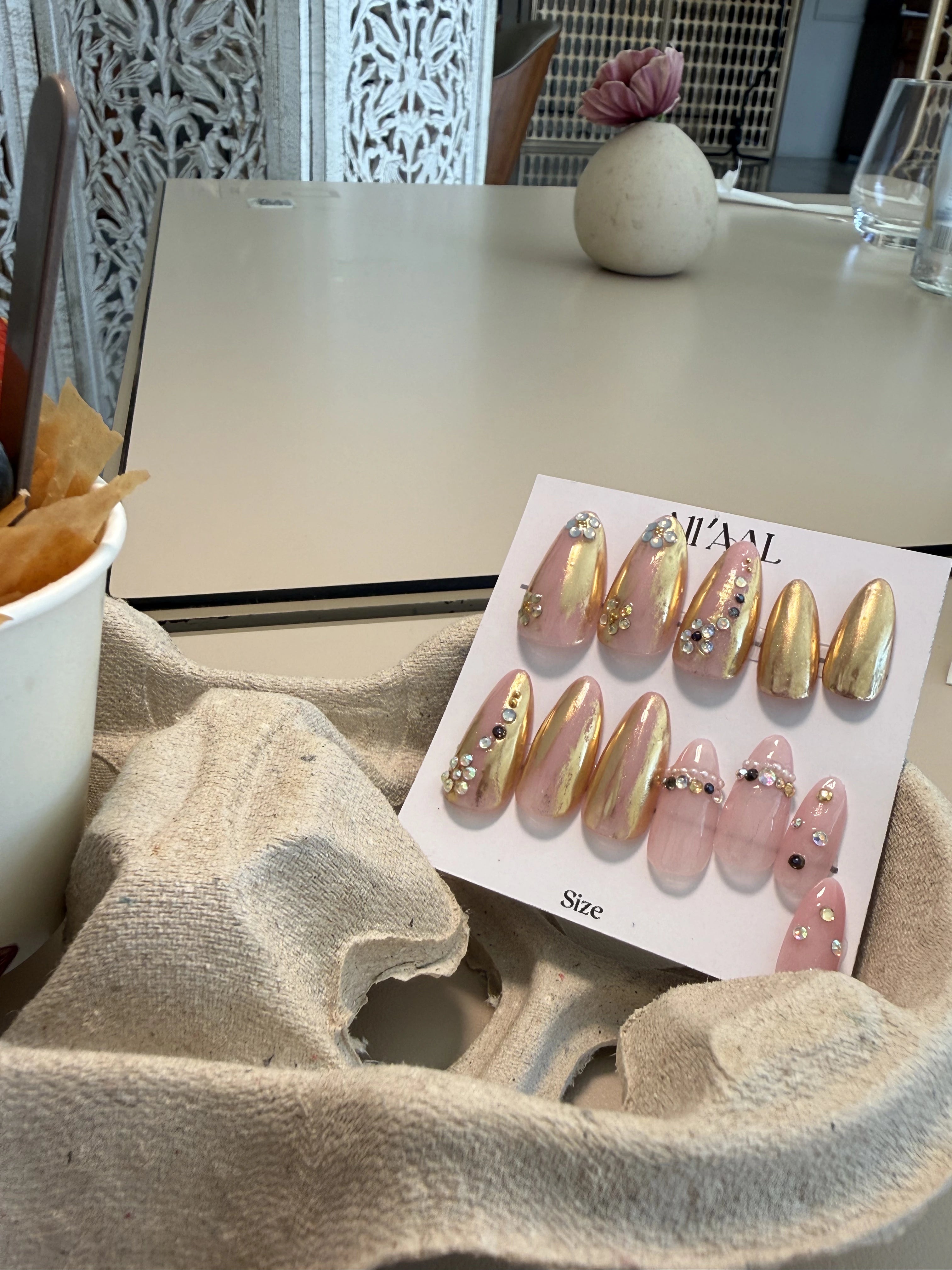 All'AAl Beauty – Luxury Handmade Soft Gel Press-On Nails | Pink & Gold & Full Stone | Medium Almond