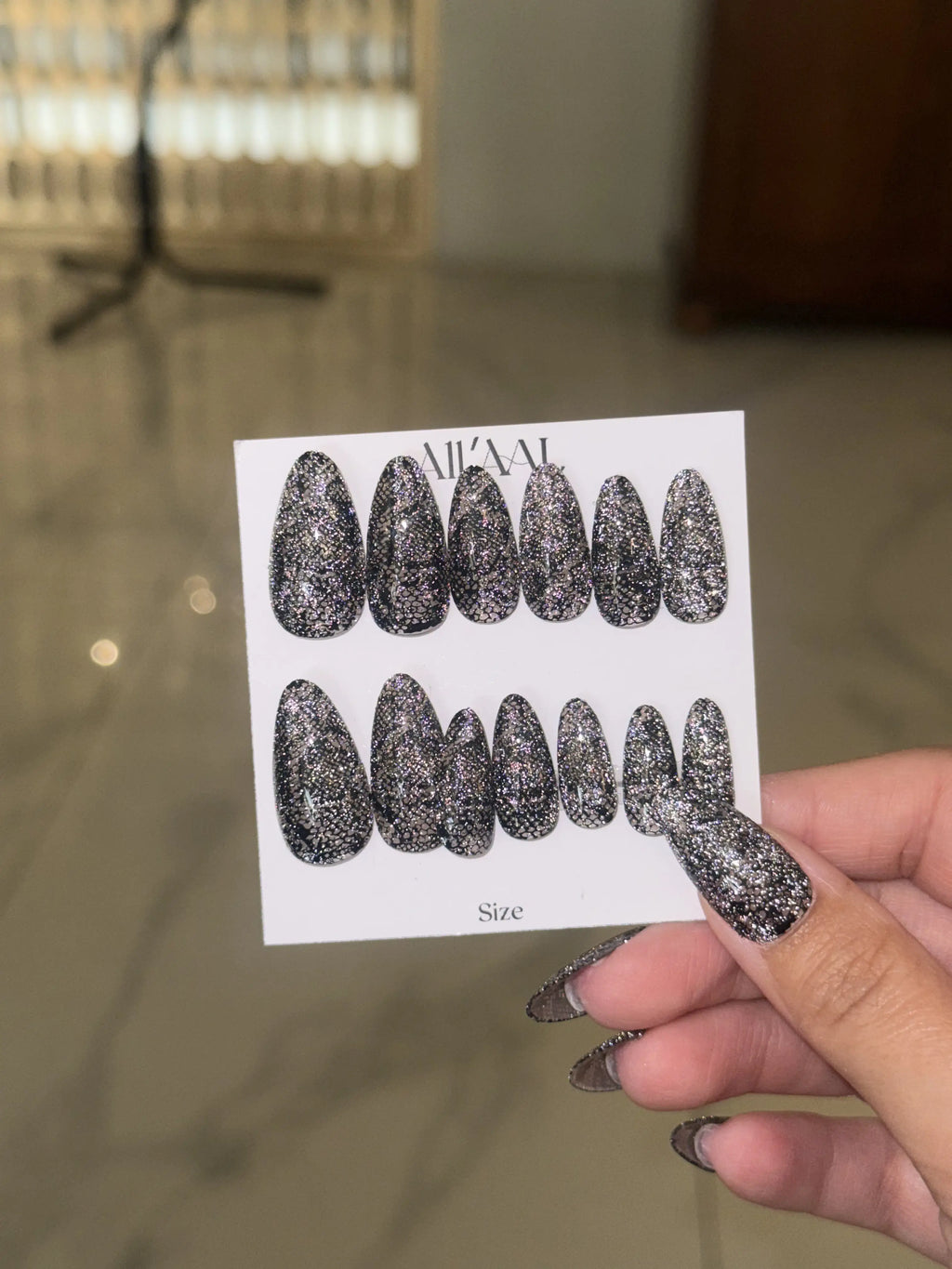 All'AAl Beauty – Luxury Handmade Soft Gel Press-On Nails | Snake-Inspired | Black & Crystal Silver | Medium Almond