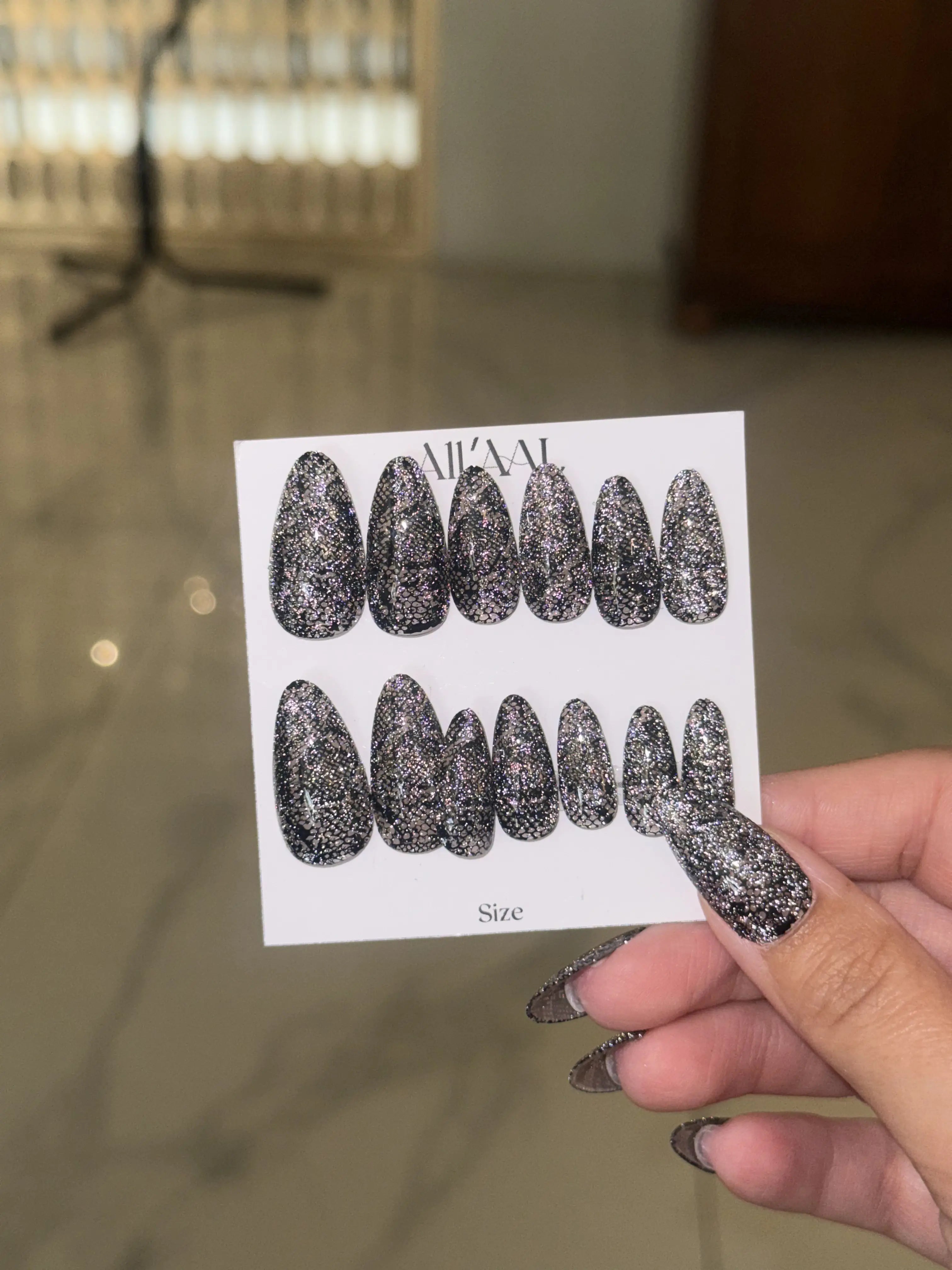 All'AAl Beauty – Luxury Handmade Soft Gel Press-On Nails | Snake-Inspired | Black & Crystal Silver | Medium Almond