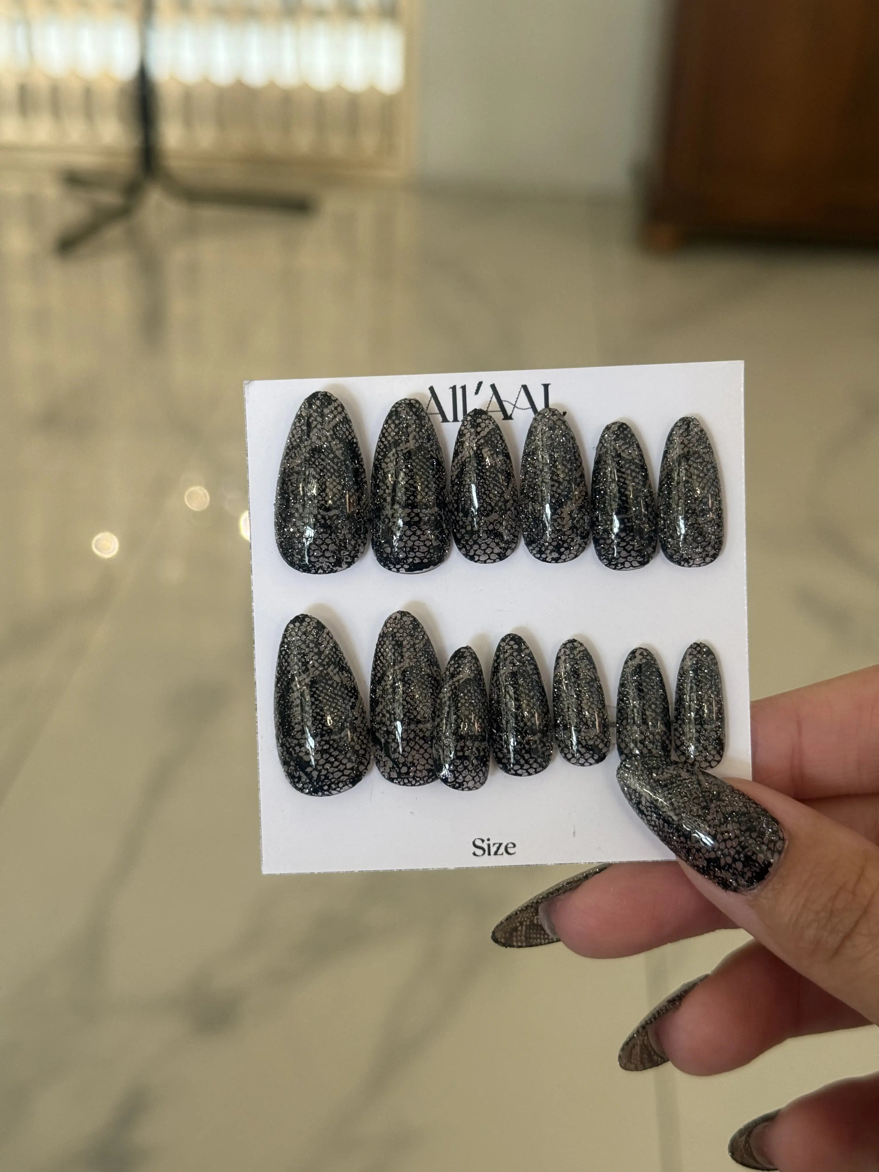 All'AAl Beauty – Luxury Handmade Soft Gel Press-On Nails | Snake-Inspired | Black & Crystal Silver | Medium Almond