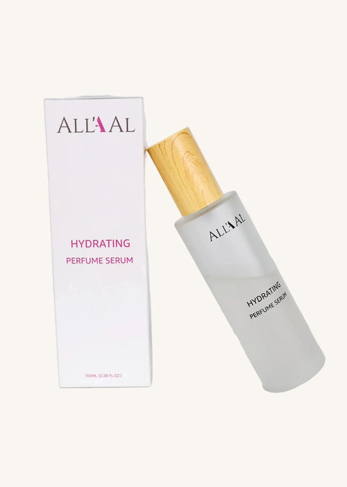 AllAL hydrating perfume serum with packaging on a light gray background