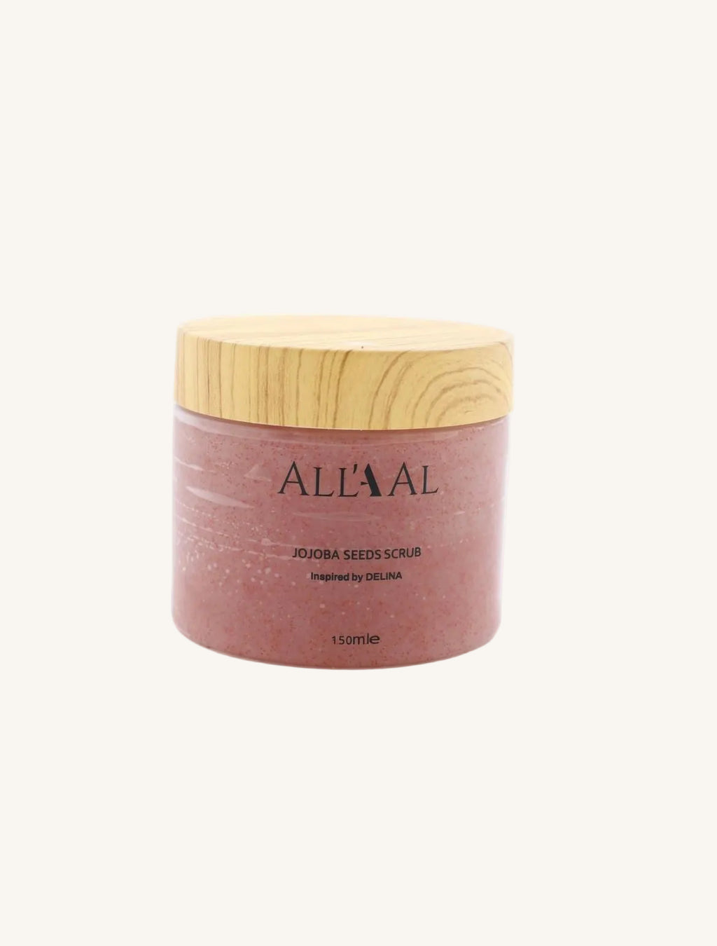 Jar of All'Ala jojoba seeds scrub with wooden lid on a white background