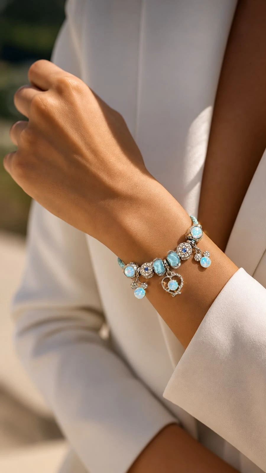 High Quality Leather Crystal Flower Charm Bracelet | Large Hole Beads Heart Pendant