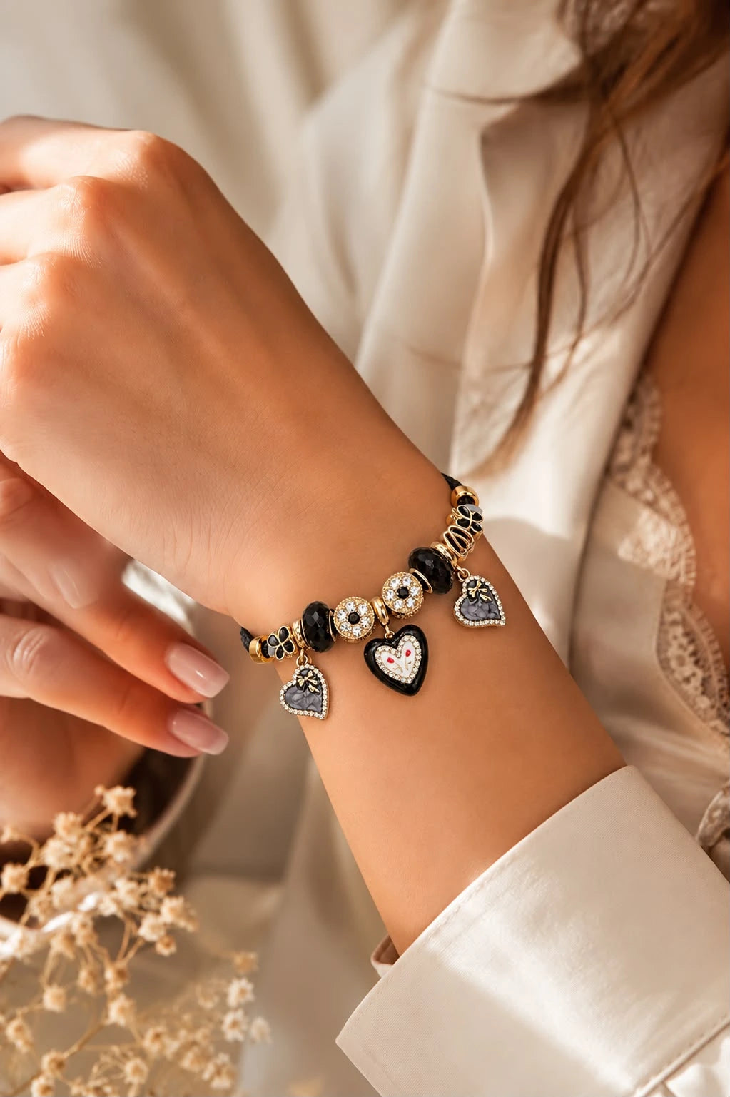 High Quality Leather Crystal Flower Charm Bracelet | Large Hole Beads Heart Pendant