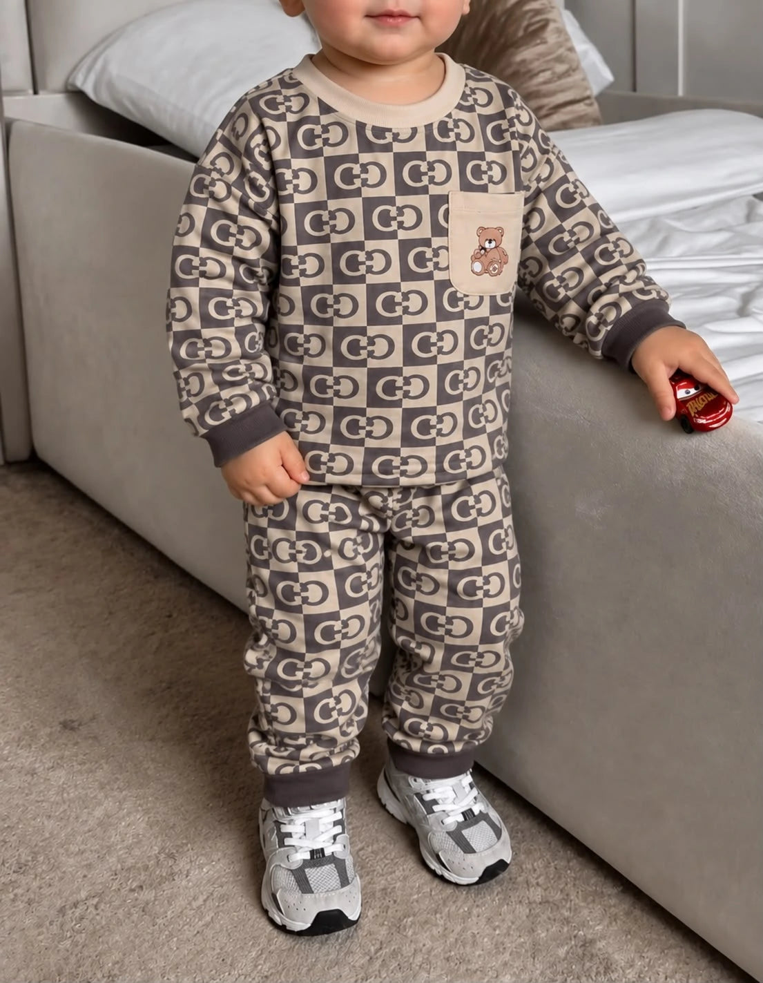 Little Teddy Check Kids Pajama Set | Beige & Brown