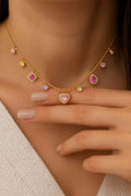 High Quality Colourful Rectangle & Heart Zircon Necklace | 18K Gold Plated