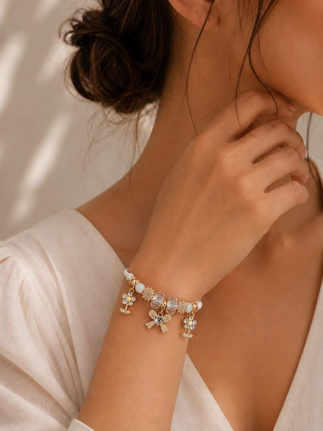 High Quality Leather Crystal Flower Charm Bracelet | Large Hole Beads Heart Pendant