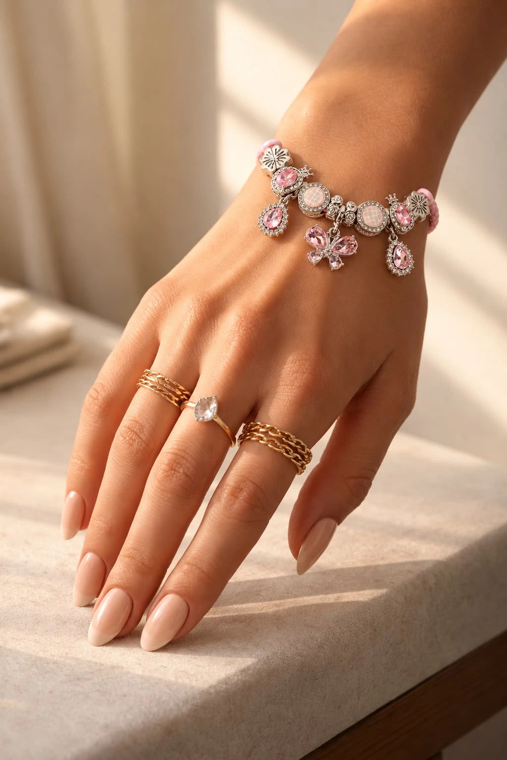 High Quality Leather Crystal Flower Charm Bracelet | Large Hole Beads Heart Pendant