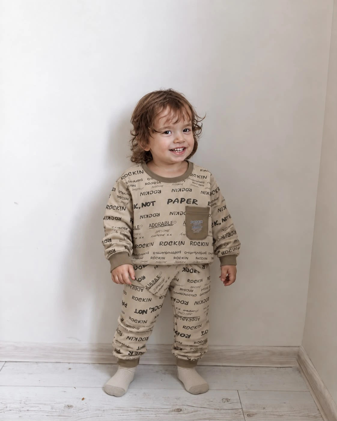 Little Rockin Kids Pajama Set | Beige Letter Print