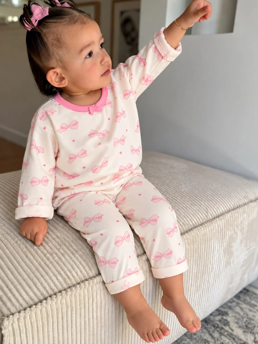 Little Bow Kids Pajama Set | Pink Ribbon Print