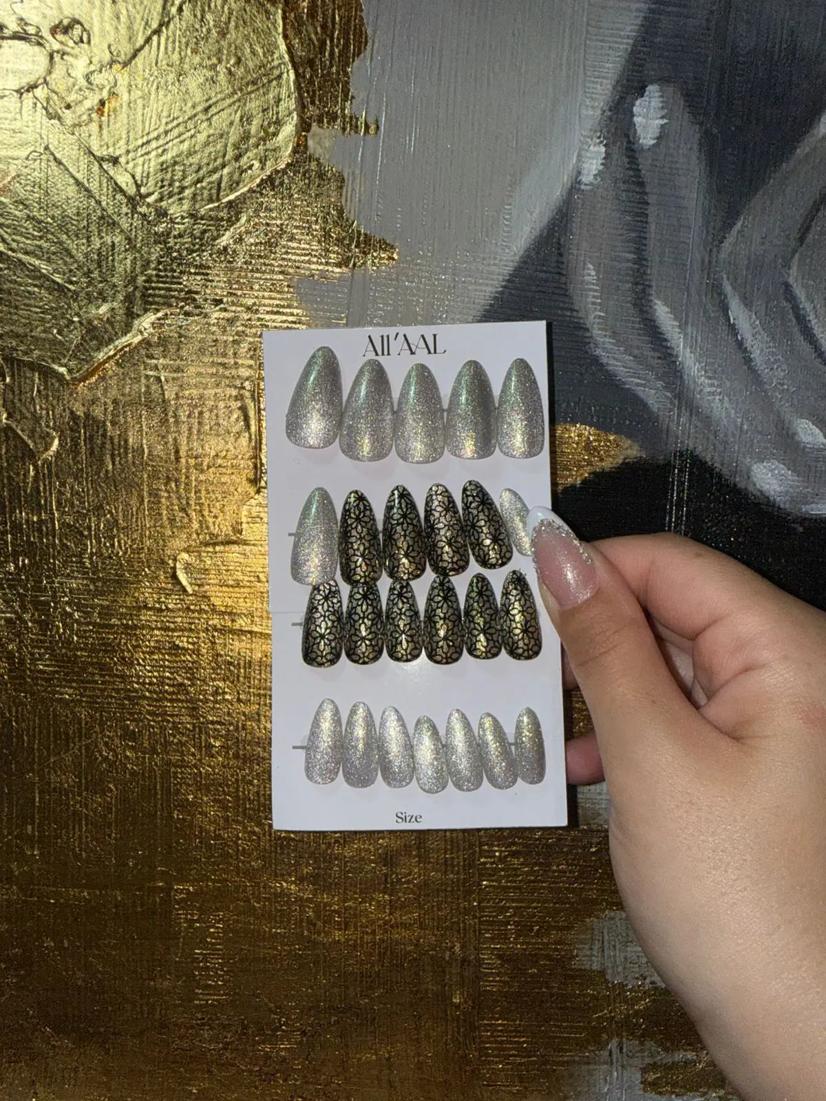 All'AAl Beauty – Luxury Handmade Soft Gel Press-On Nails | Glitter Cat Eye & Black Staple & Gold Chrome | Medium Almond