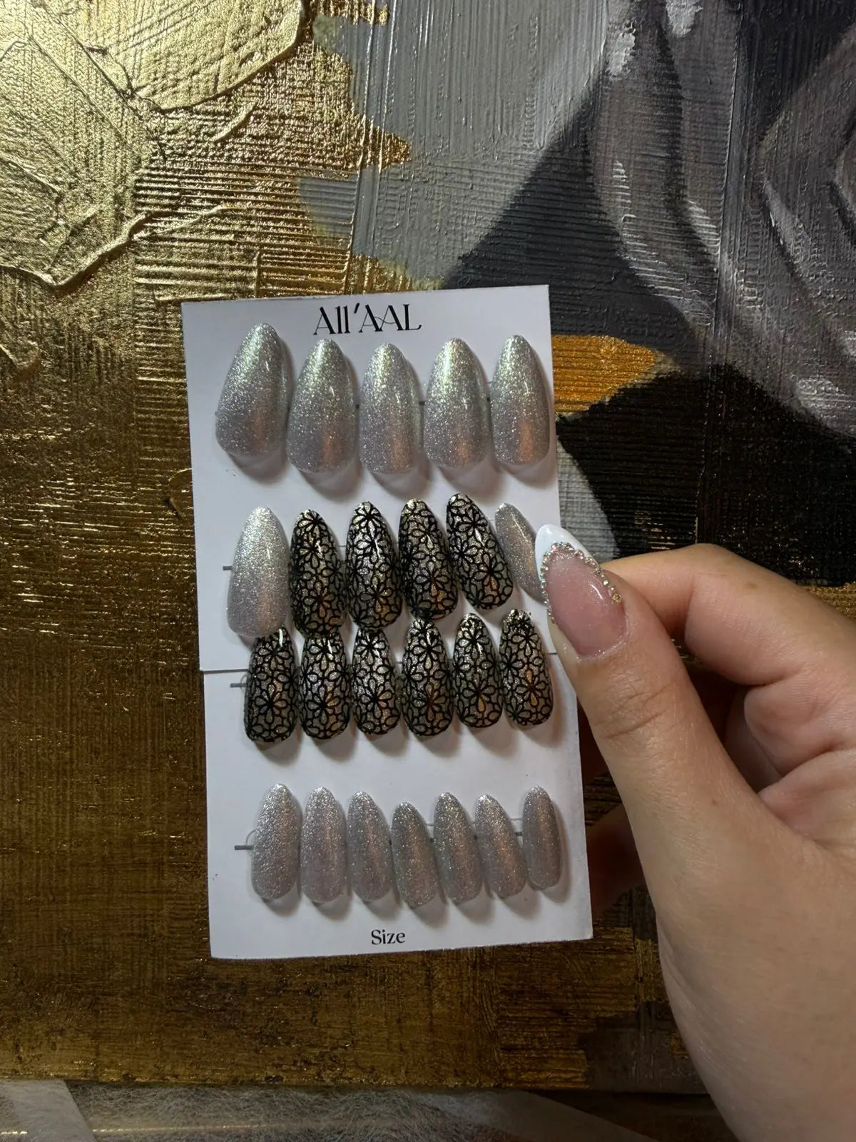 All'AAl Beauty – Luxury Handmade Soft Gel Press-On Nails | Glitter Cat Eye & Black Staple & Gold Chrome | Medium Almond
