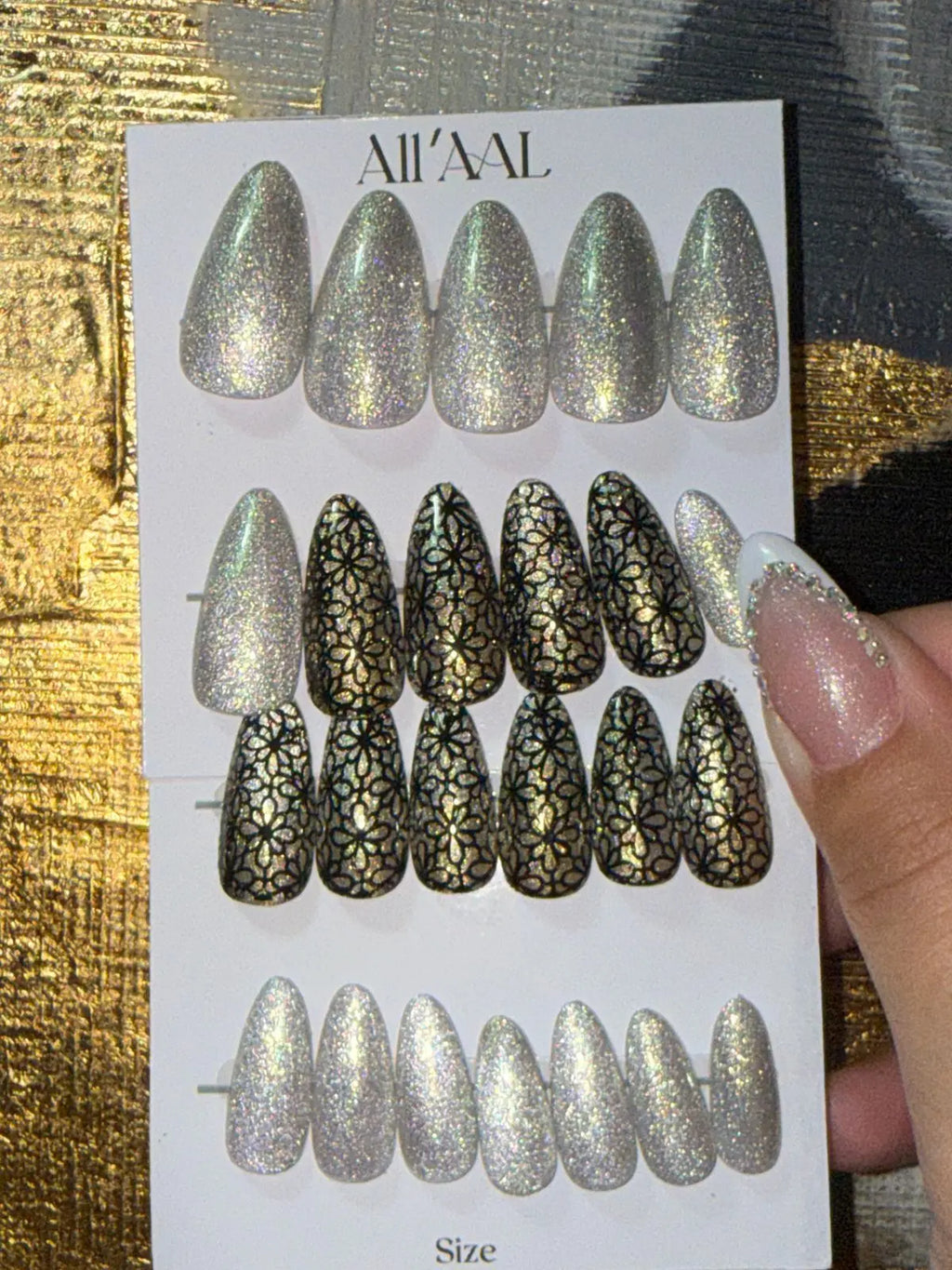 All'AAl Beauty – Luxury Handmade Soft Gel Press-On Nails | Glitter Cat Eye & Black Staple & Gold Chrome | Medium Almond