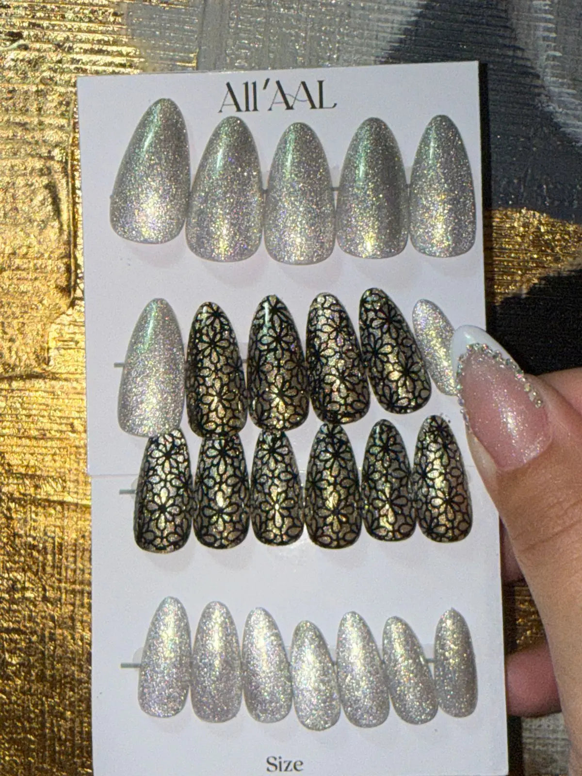 All'AAl Beauty – Luxury Handmade Soft Gel Press-On Nails | Glitter Cat Eye & Black Staple & Gold Chrome | Medium Almond