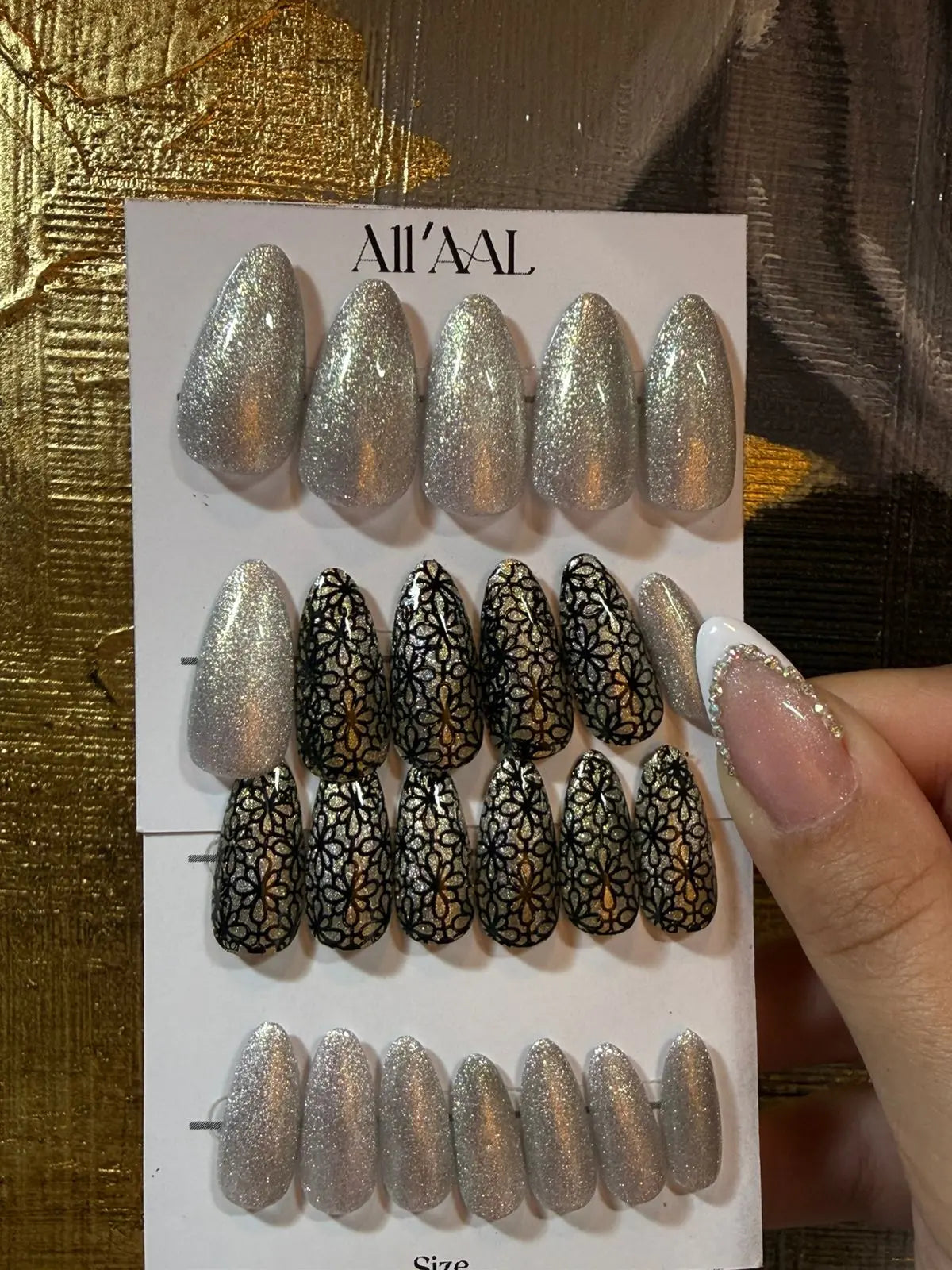 All'AAl Beauty – Luxury Handmade Soft Gel Press-On Nails | Glitter Cat Eye & Black Staple & Gold Chrome | Medium Almond