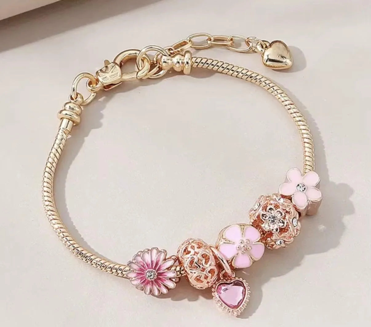 Gold Plated Crystal Heart Flower Charm Bracelet – Rose Gold