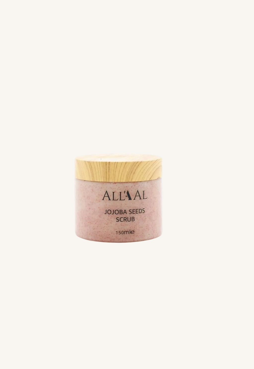 Jar of All AA Jojoba Seeds Scrub with wooden lid on a white background