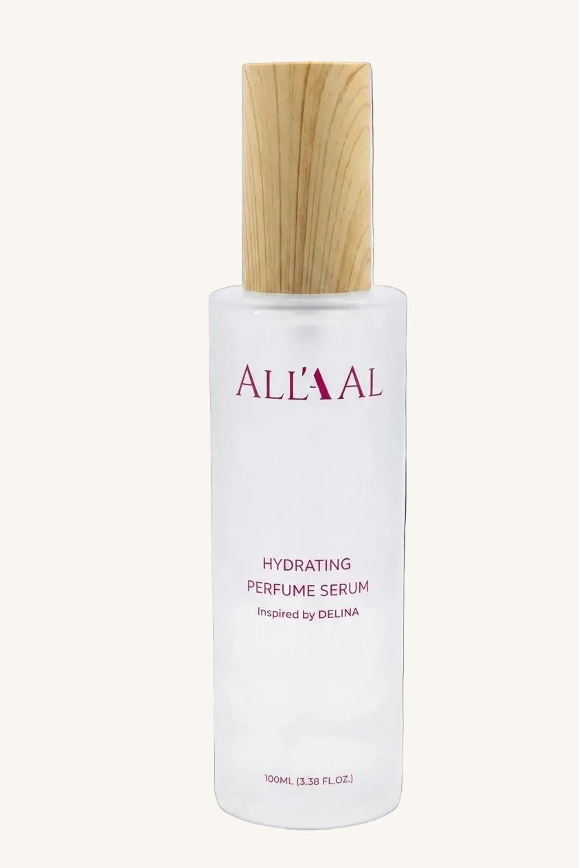 All'Al Hydrating Perfume Serum bottle with wooden cap on a white background