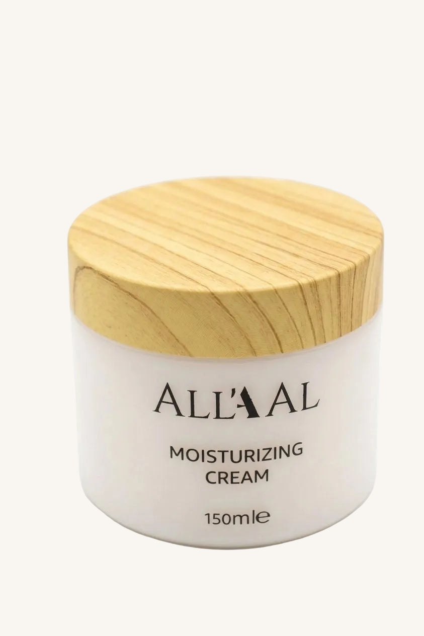 Jar of All'Al moisturizing cream with a wooden lid on a white background
