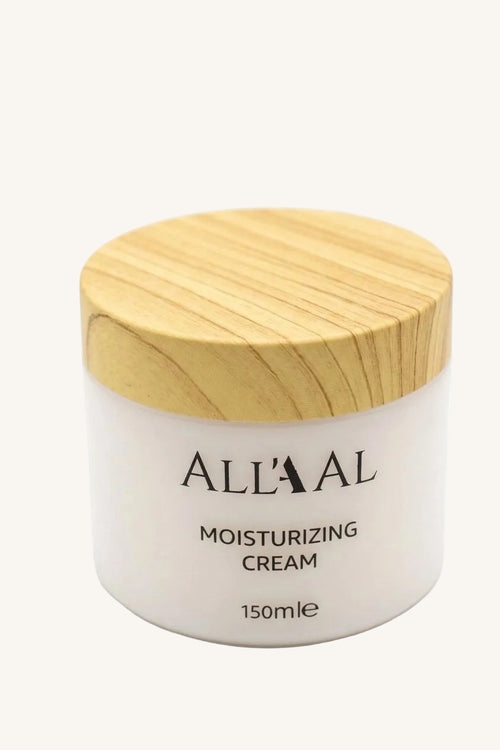 Jar of All'Al moisturizing cream with a wooden lid on a white background