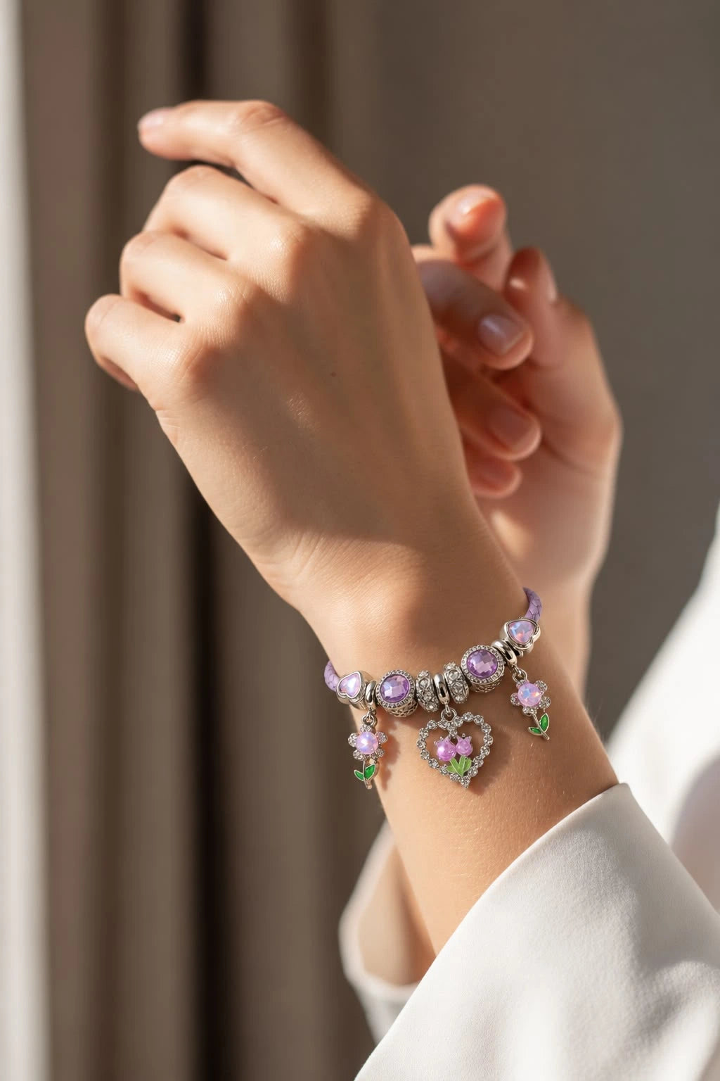 High Quality Leather Crystal Flower Charm Bracelet | Large Hole Beads Heart Pendant
