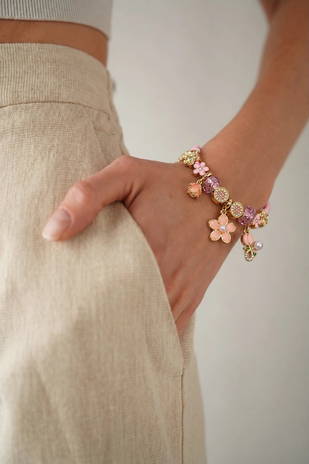 High Quality Leather Crystal Flower Charm Bracelet | Large Hole Beads Heart Pendant