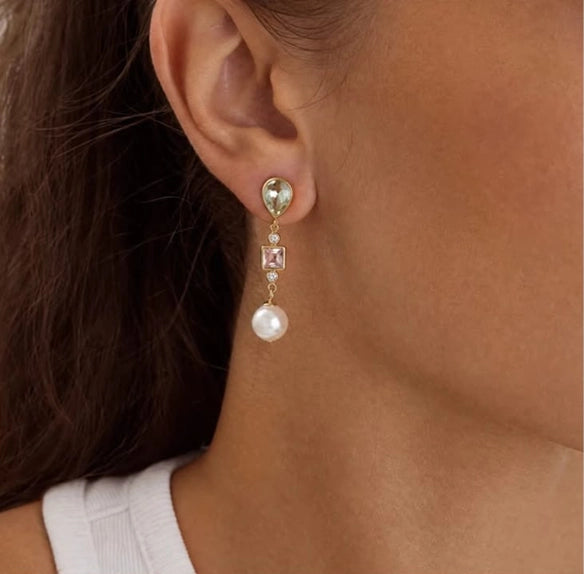 Elegant Gemstone & Pearl Drop Earrings | Gold Stainless Steel Waterproof Hypoallergenic