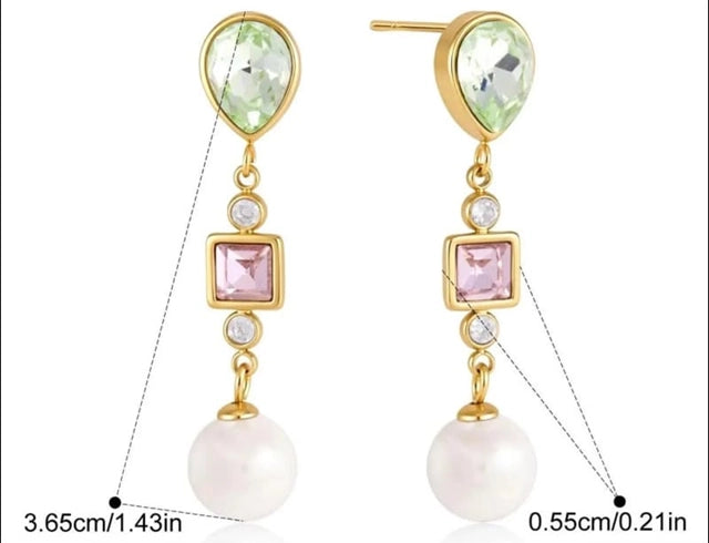 Elegant Gemstone & Pearl Drop Earrings | Gold Stainless Steel Waterproof Hypoallergenic